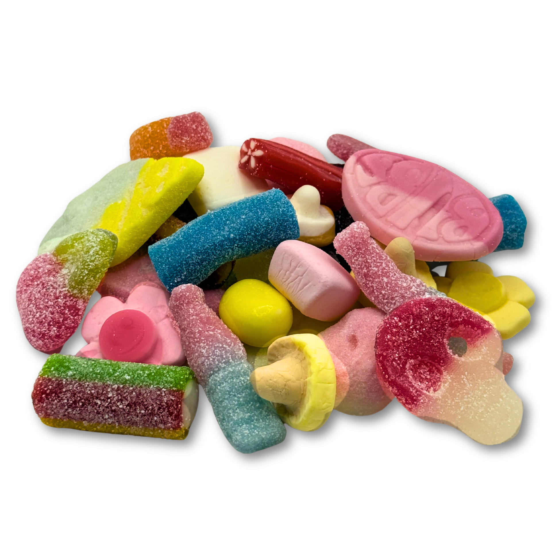 Close-up of assorted sweet and sour Swedish gummies and foam candies with sugar coating