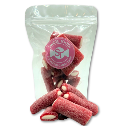 Strawberry-flavored Swedish gummy logs with soft white filling in a clear resealable bag