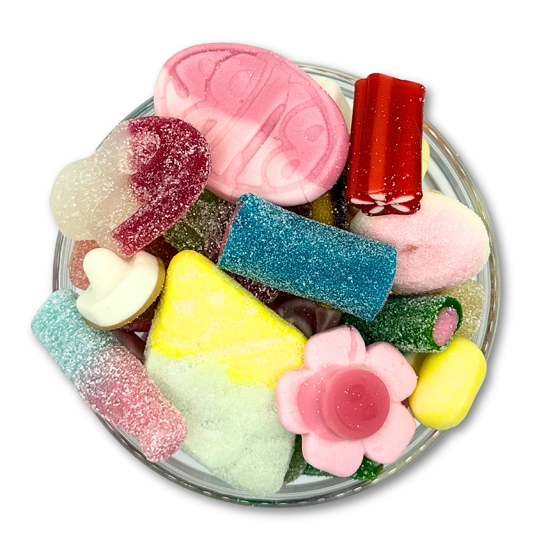 Sweet and sour Swedish candy mix with assorted gummies and foam candies in a bowl