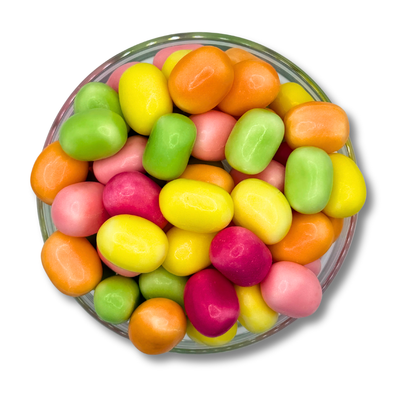 Colorful Maoam Kastanjer Swedish chewy candy in assorted fruit flavors in a glass bowl